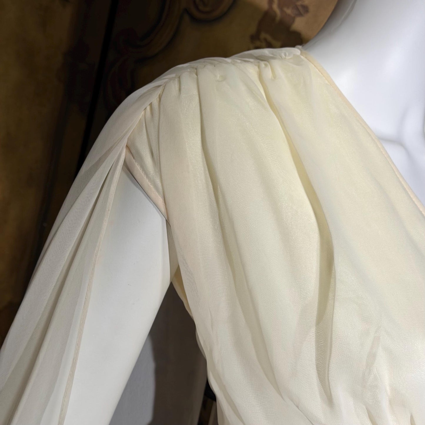 MOHR KLEIDER vintage wedding dress, 1980s Grecian Goddess white poly cape gown