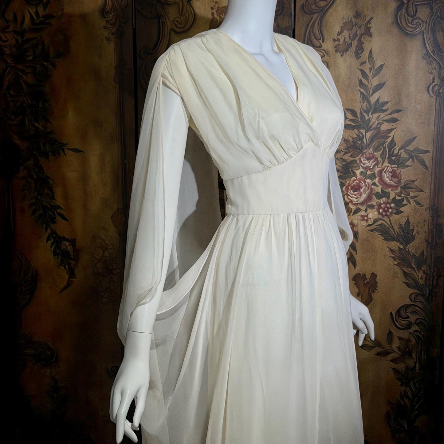 MOHR KLEIDER vintage wedding dress, 1980s Grecian Goddess white poly cape gown