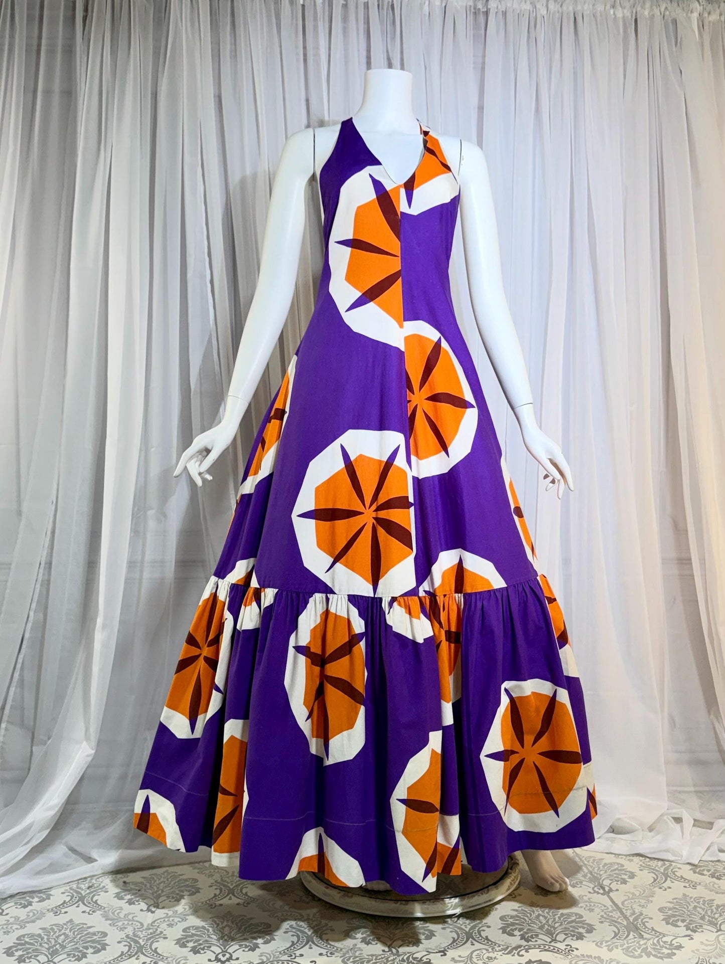 vintage 1970s MARIMEKKO maxi dress, Dated 1970 Finland purple and orange op art cotton halter dress