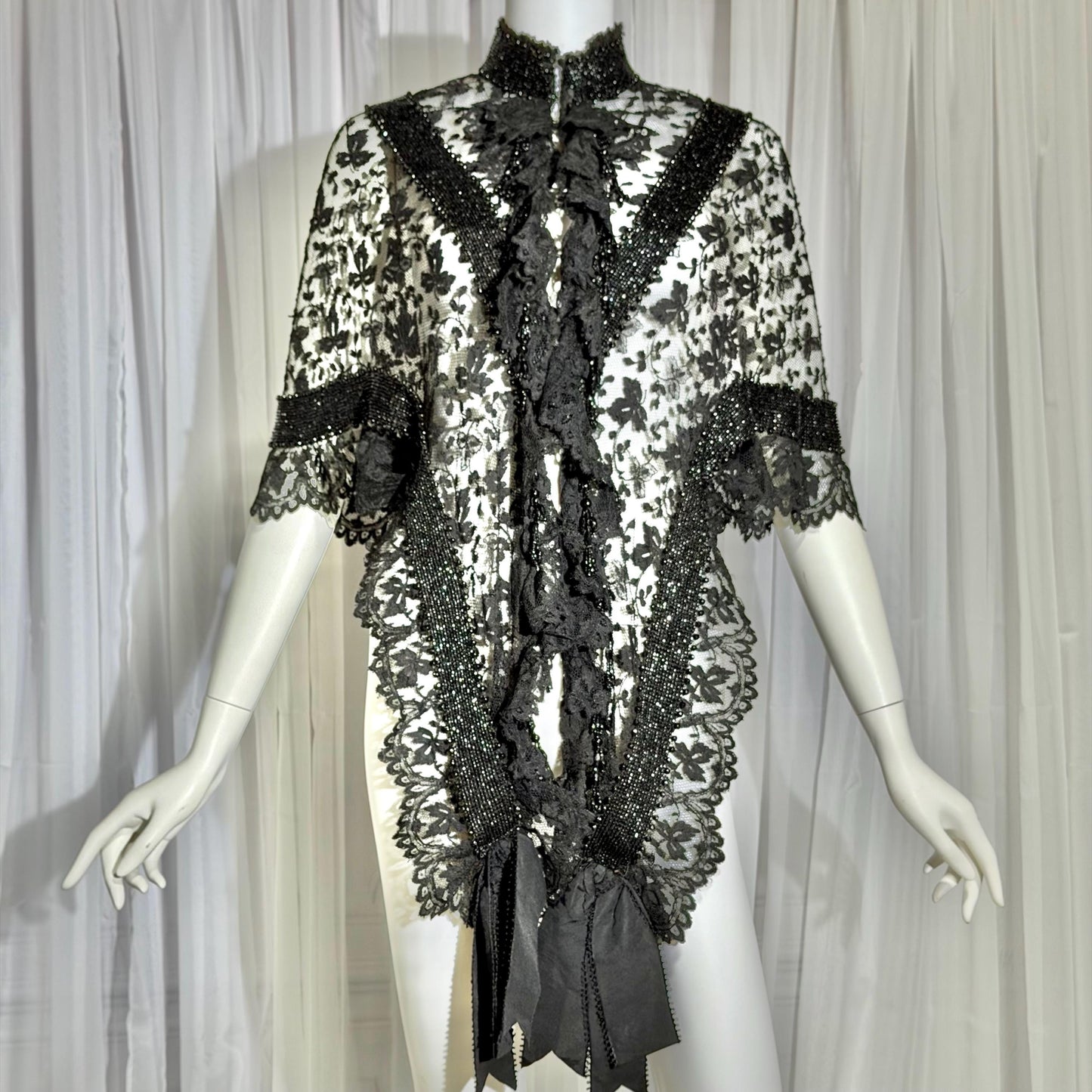 1800s Antique Victorian Mantelet, Black Lace & Beads capelet, shawl, wrap with lappets