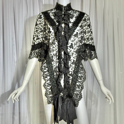 1800s Antique Victorian Mantelet, Black Lace & Beads capelet, shawl, wrap with lappets