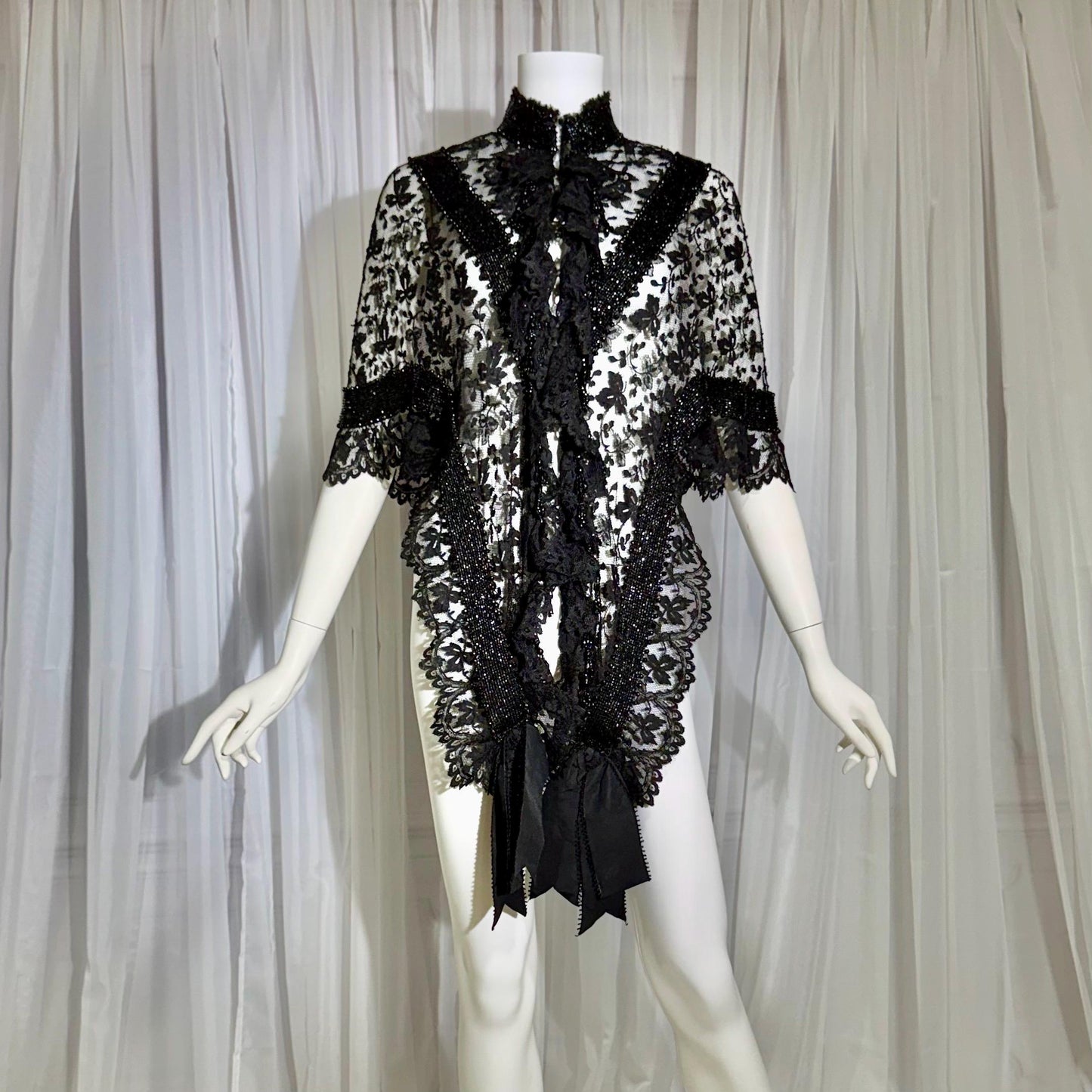1800s Antique Victorian Mantelet, Black Lace & Beads capelet, shawl, wrap with lappets