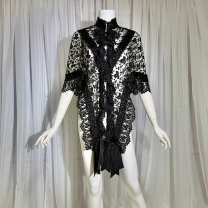 1800s Antique Victorian Mantelet, Black Lace & Beads capelet, shawl, wrap with lappets