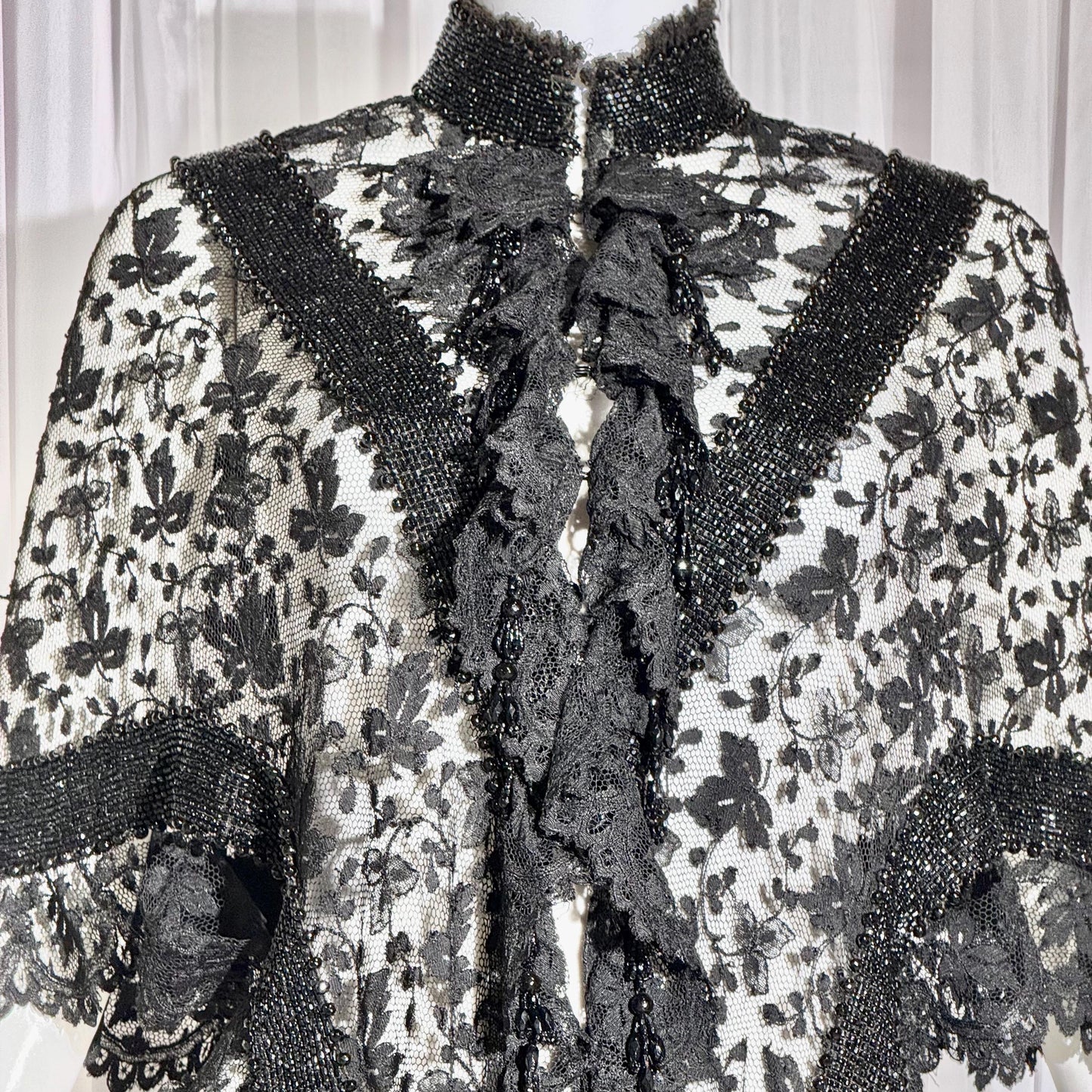 1800s Antique Victorian Mantelet, Black Lace & Beads capelet, shawl, wrap with lappets
