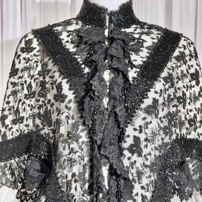 1800s Antique Victorian Mantelet, Black Lace & Beads capelet, shawl, wrap with lappets