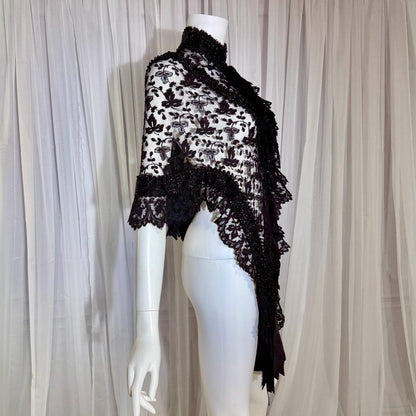 1800s Antique Victorian Mantelet, Black Lace & Beads capelet, shawl, wrap with lappets