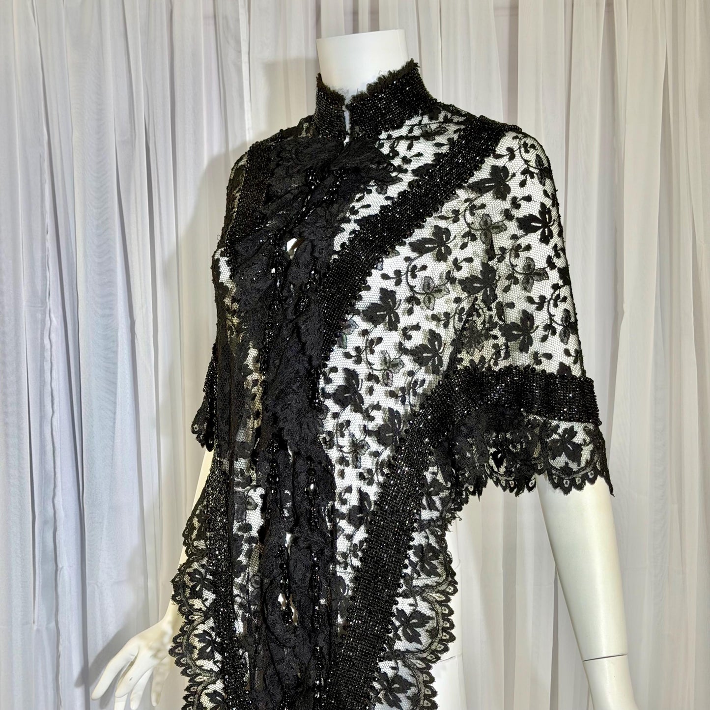 1800s Antique Victorian Mantelet, Black Lace & Beads capelet, shawl, wrap with lappets