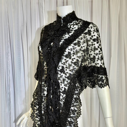 1800s Antique Victorian Mantelet, Black Lace & Beads capelet, shawl, wrap with lappets