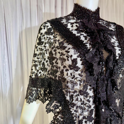 1800s Antique Victorian Mantelet, Black Lace & Beads capelet, shawl, wrap with lappets