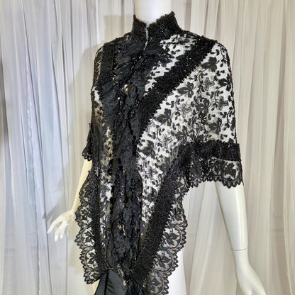 1800s Antique Victorian Mantelet, Black Lace & Beads capelet, shawl, wrap with lappets