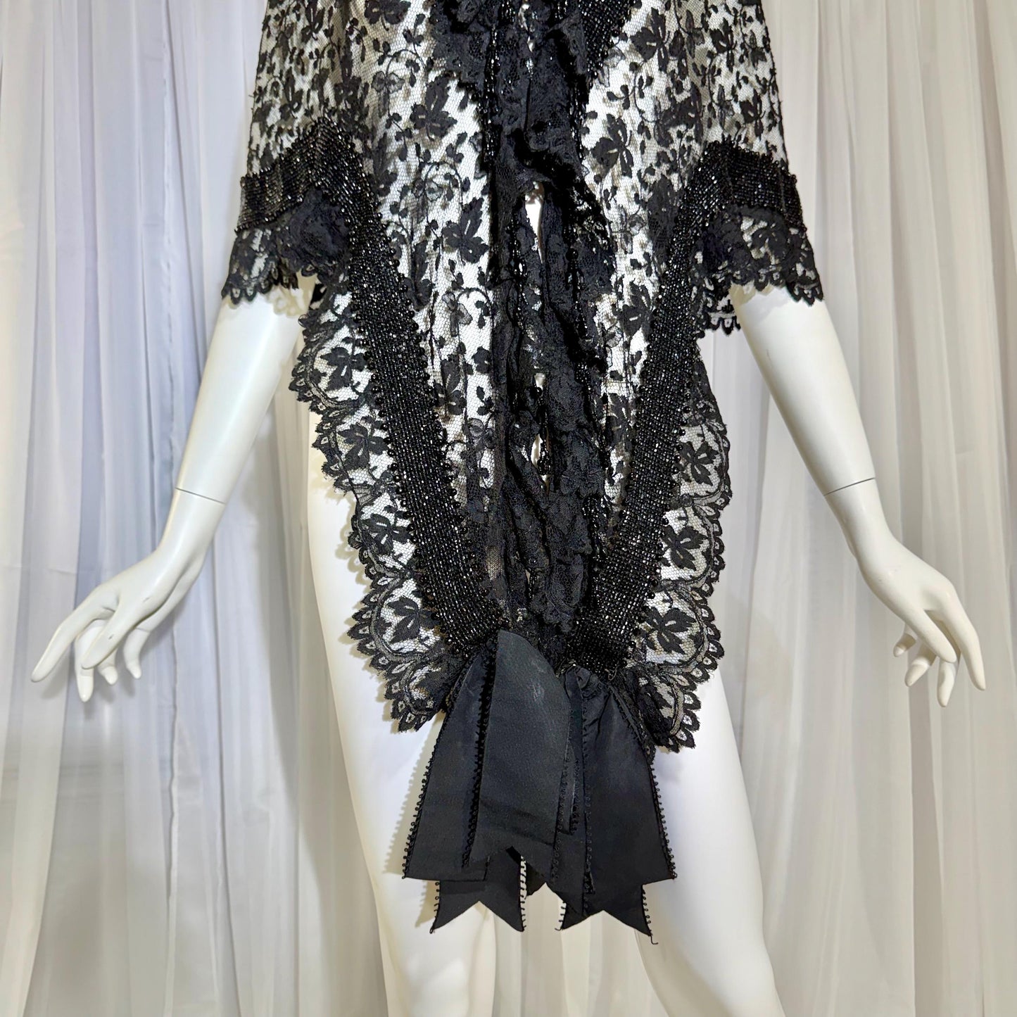 1800s Antique Victorian Mantelet, Black Lace & Beads capelet, shawl, wrap with lappets