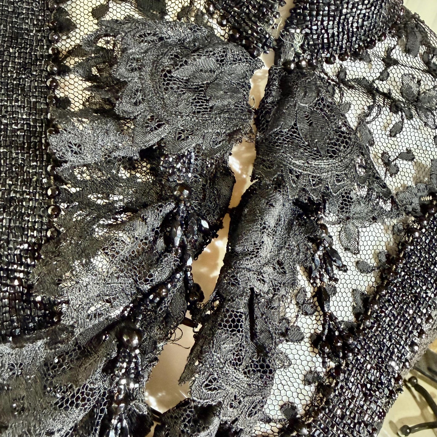 1800s Antique Victorian Mantelet, Black Lace & Beads capelet, shawl, wrap with lappets
