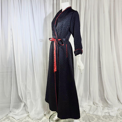 BARBIZON Vintage 1940s Dressing Gown Robe, Lady at Ease, Navy Blue Quilted Satin Housecoat