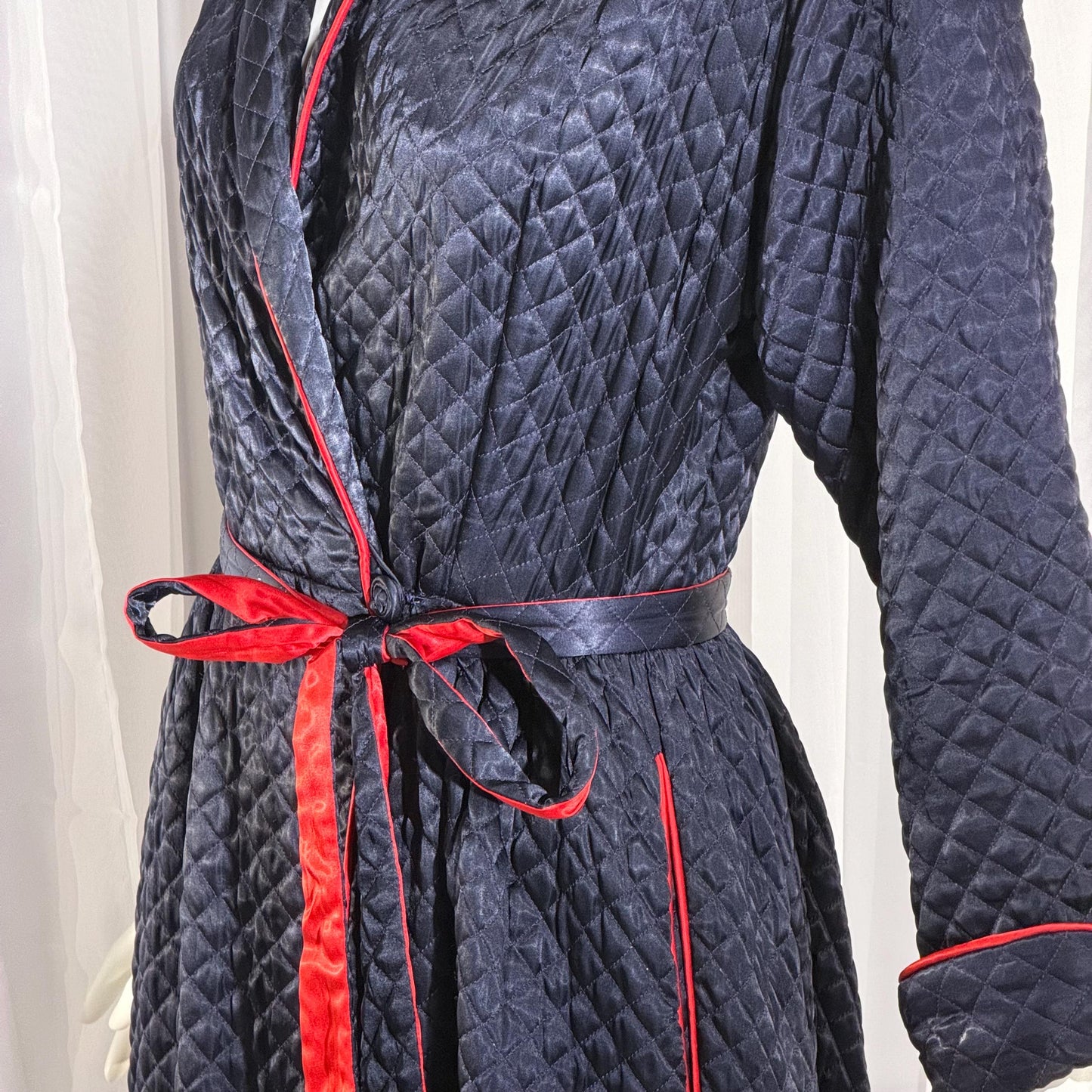 BARBIZON Vintage 1940s Dressing Gown Robe, Lady at Ease, Navy Blue Quilted Satin Housecoat
