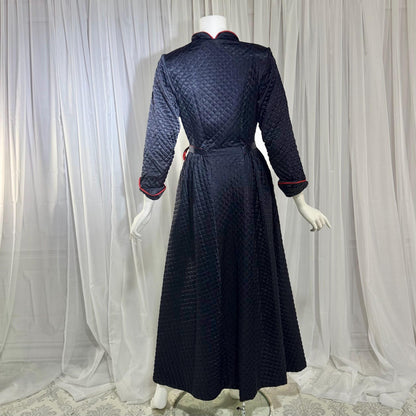 BARBIZON Vintage 1940s Dressing Gown Robe, Lady at Ease, Navy Blue Quilted Satin Housecoat