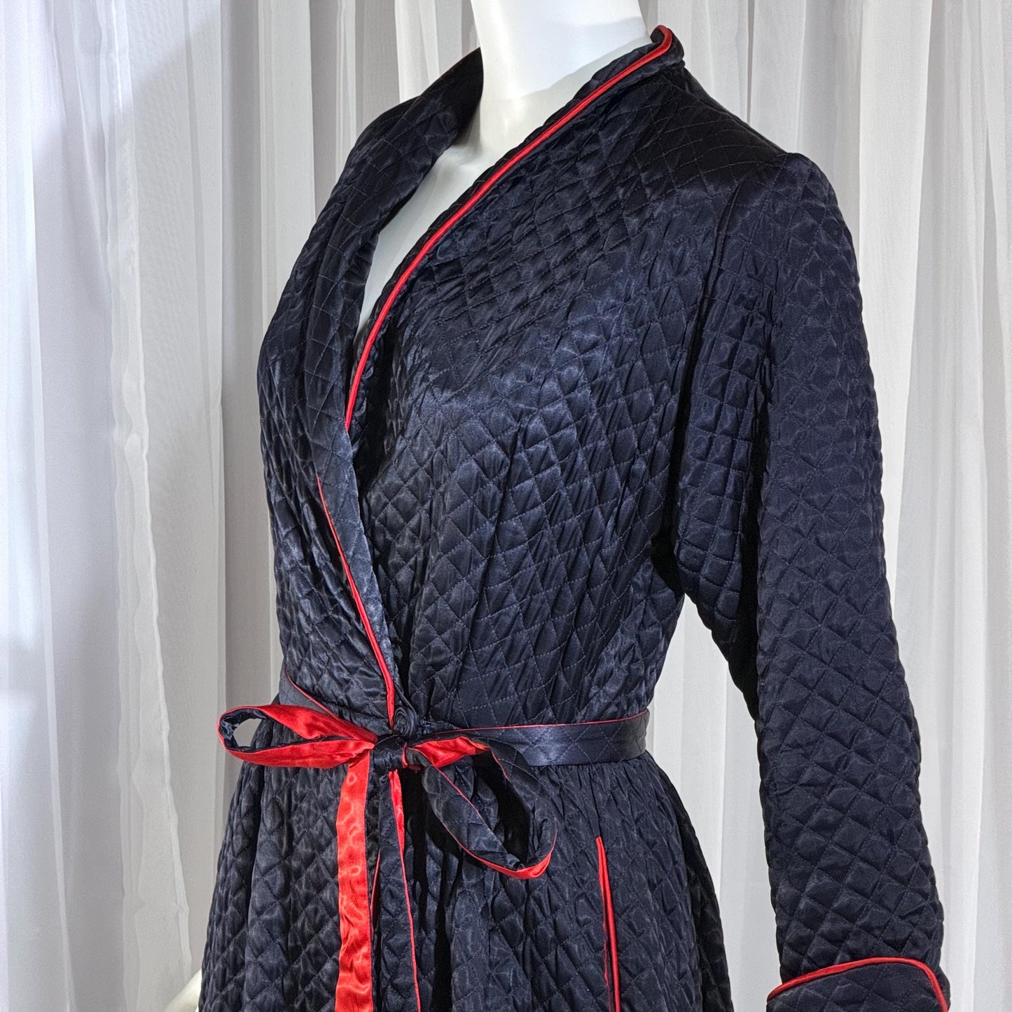 BARBIZON Vintage 1940s Dressing Gown Robe, Lady at Ease, Navy Blue Quilted Satin Housecoat