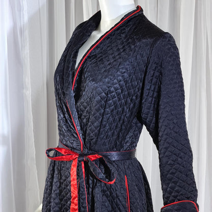 BARBIZON Vintage 1940s Dressing Gown Robe, Lady at Ease, Navy Blue Quilted Satin Housecoat