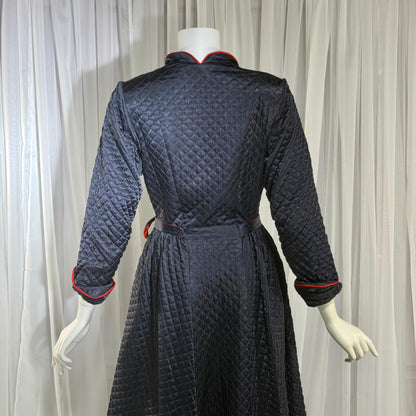 BARBIZON Vintage 1940s Dressing Gown Robe, Lady at Ease, Navy Blue Quilted Satin Housecoat