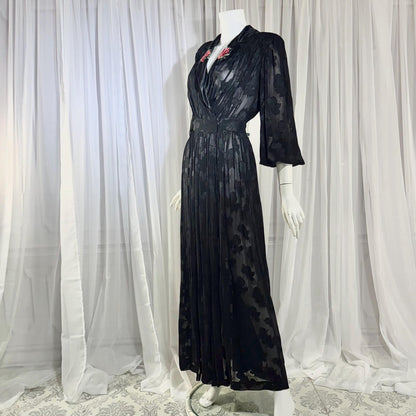 1940s Vintage Dressing Gown Robe, Sheer Black Floral Burnout maxi length Hostess Gown