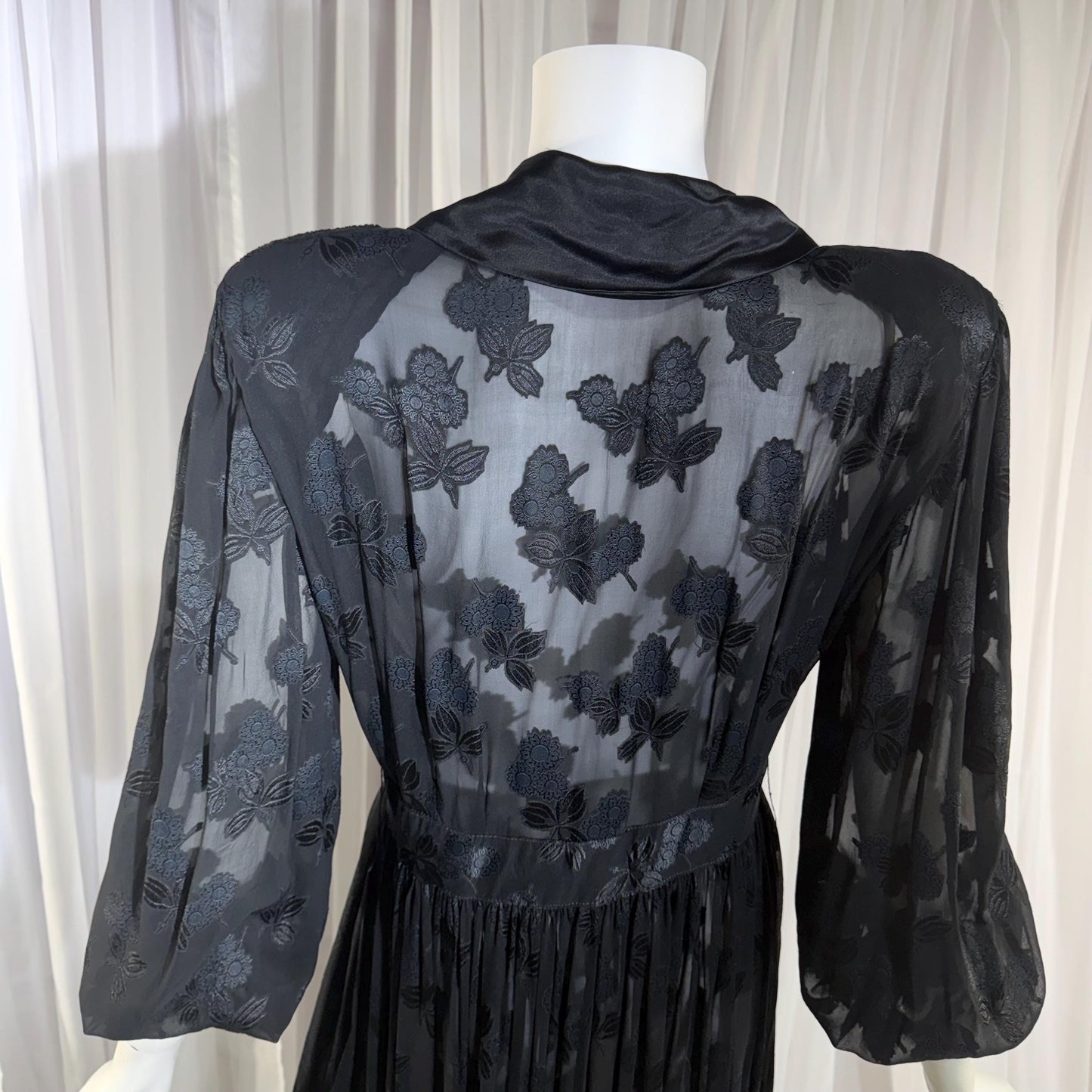 1940s Vintage Dressing Gown Robe, Sheer Black Floral Burnout maxi length Hostess Gown