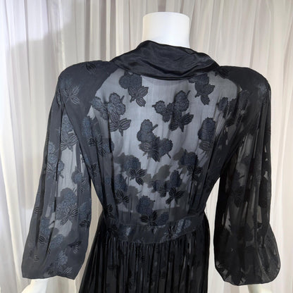 1940s Vintage Dressing Gown Robe, Sheer Black Floral Burnout maxi length Hostess Gown
