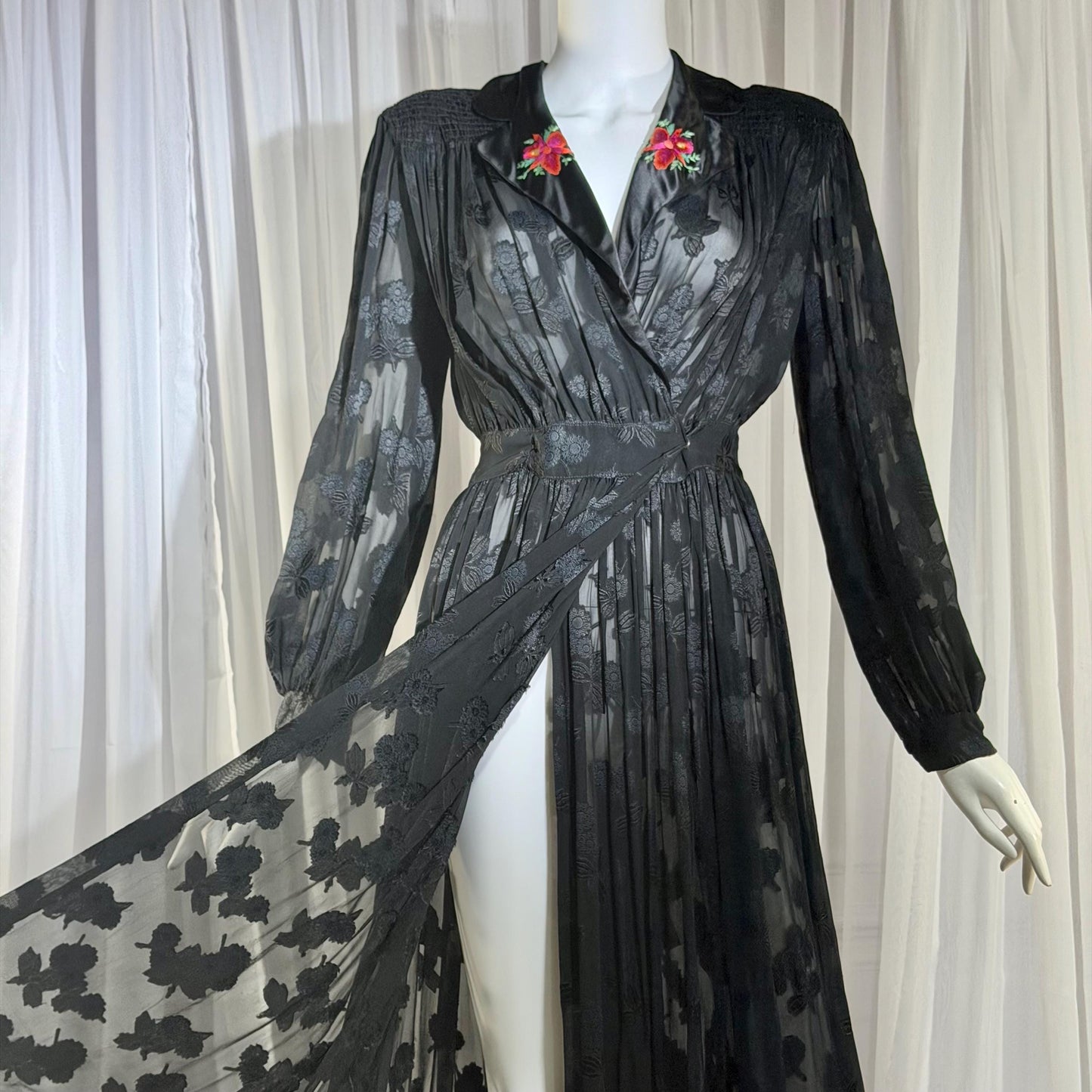 1940s Vintage Dressing Gown Robe, Sheer Black Floral Burnout maxi length Hostess Gown