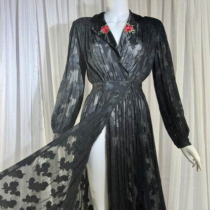 1940s Vintage Dressing Gown Robe, Sheer Black Floral Burnout maxi length Hostess Gown