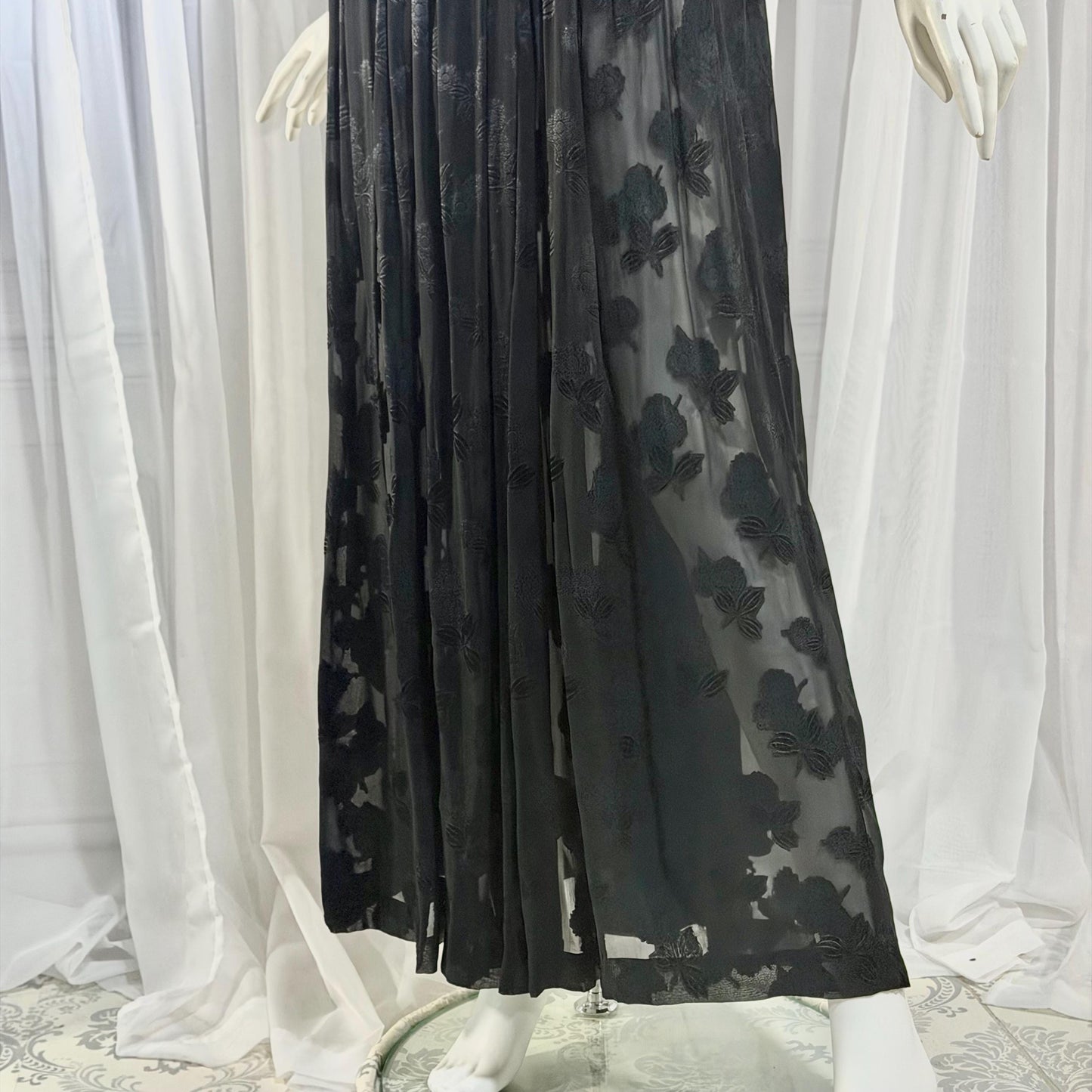 1940s Vintage Dressing Gown Robe, Sheer Black Floral Burnout maxi length Hostess Gown