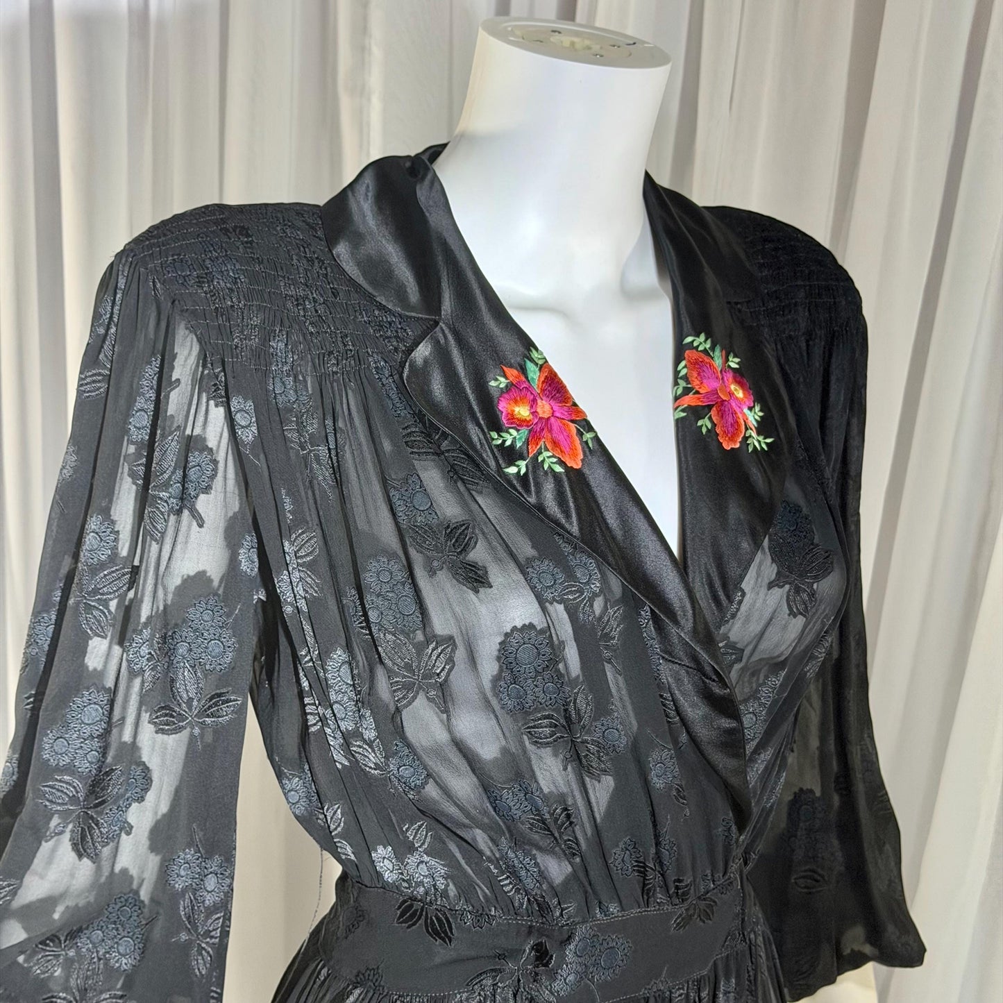 1940s Vintage Dressing Gown Robe, Sheer Black Floral Burnout maxi length Hostess Gown