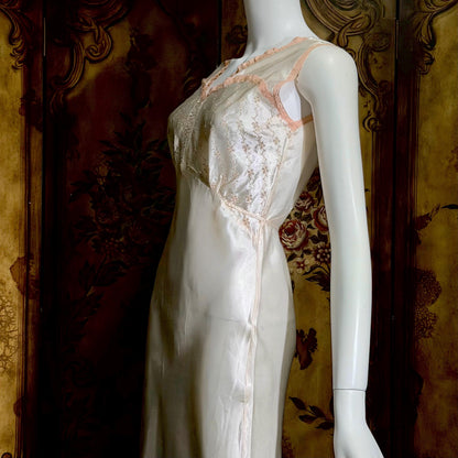 1930s vintage Nightgown Slip Dress, Shiny white and pink embroidered rayon lingerie dress
