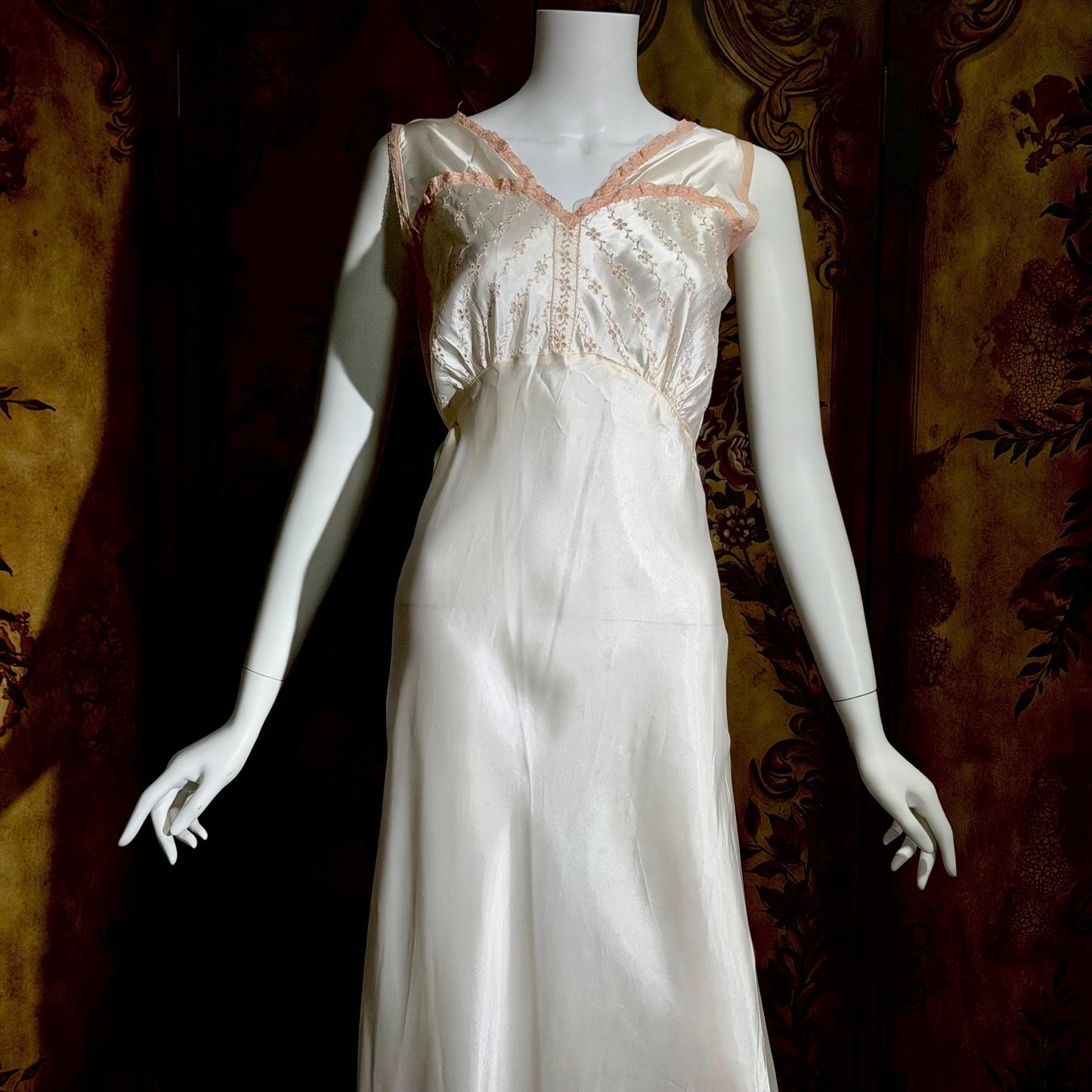 1930s vintage Nightgown Slip Dress, Shiny white and pink embroidered rayon lingerie dress