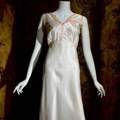 1930s vintage Nightgown Slip Dress, Shiny white and pink embroidered rayon lingerie dress