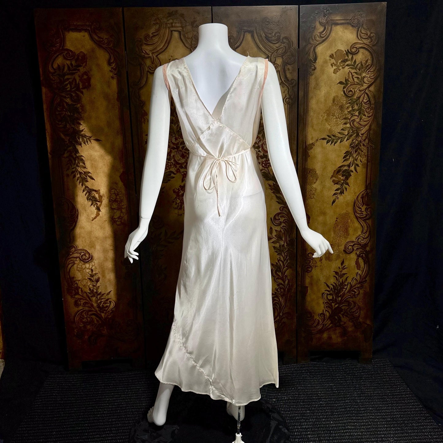1930s vintage Nightgown Slip Dress, Shiny white and pink embroidered rayon lingerie dress
