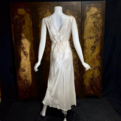 1930s vintage Nightgown Slip Dress, Shiny white and pink embroidered rayon lingerie dress