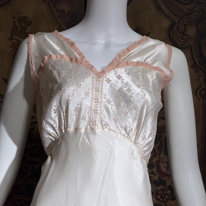 1930s vintage Nightgown Slip Dress, Shiny white and pink embroidered rayon lingerie dress