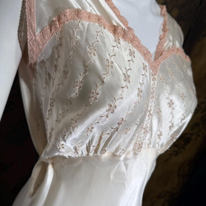 1930s vintage Nightgown Slip Dress, Shiny white and pink embroidered rayon lingerie dress