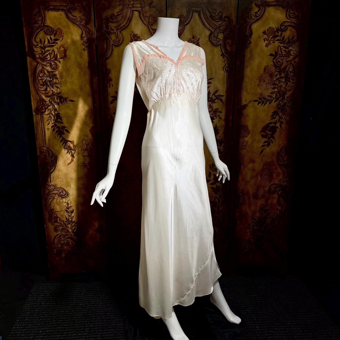 1930s vintage Nightgown Slip Dress, Shiny white and pink embroidered rayon lingerie dress