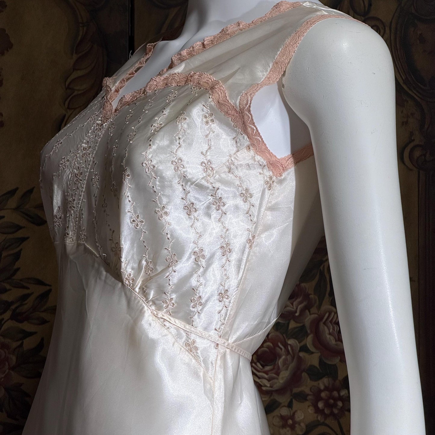 1930s vintage Nightgown Slip Dress, Shiny white and pink embroidered rayon lingerie dress