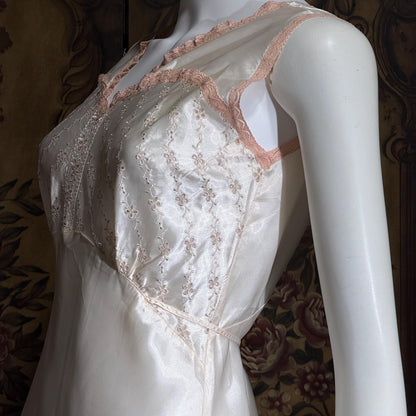 1930s vintage Nightgown Slip Dress, Shiny white and pink embroidered rayon lingerie dress