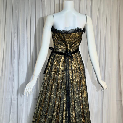 1940s vintage evening dress gown, strapless black lace full skirt ruffle gown