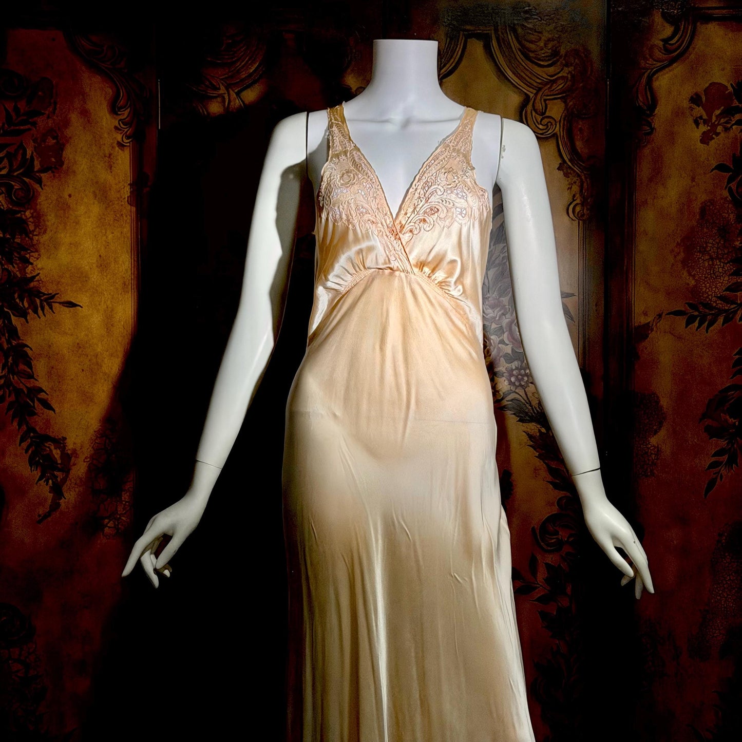 1930s vintage nightgown, SILK slip dress, Hand Embroidered peachy pink bias cut lingerie dress