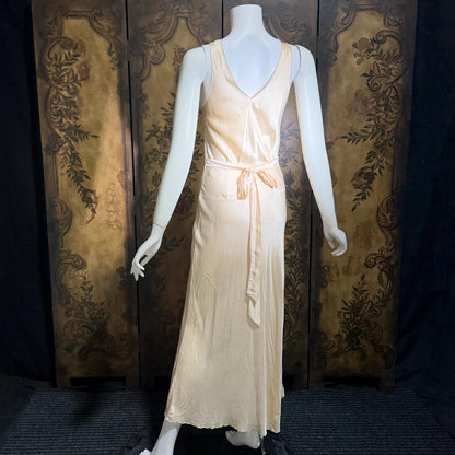 1930s vintage nightgown, SILK slip dress, Hand Embroidered peachy pink bias cut lingerie dress