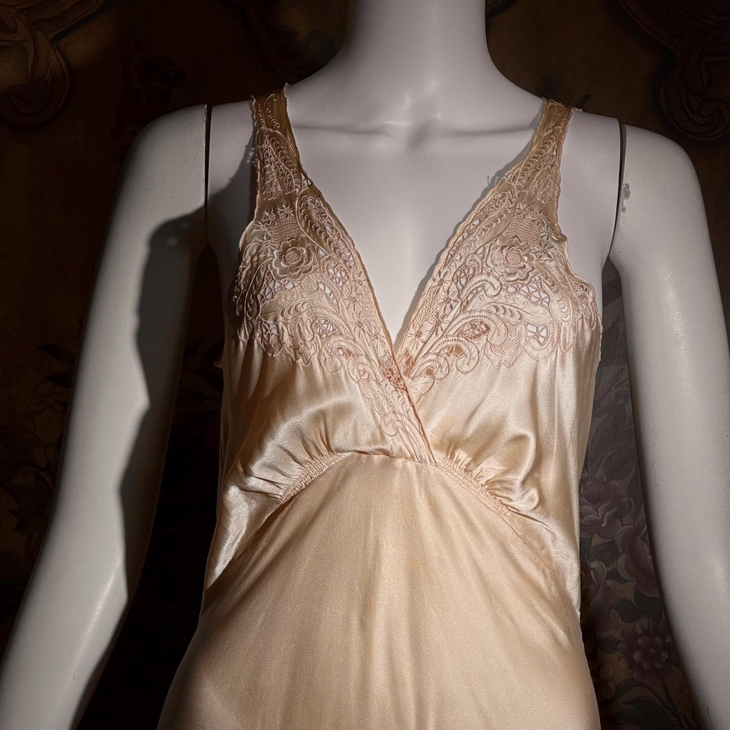1930s vintage nightgown, SILK slip dress, Hand Embroidered peachy pink bias cut lingerie dress