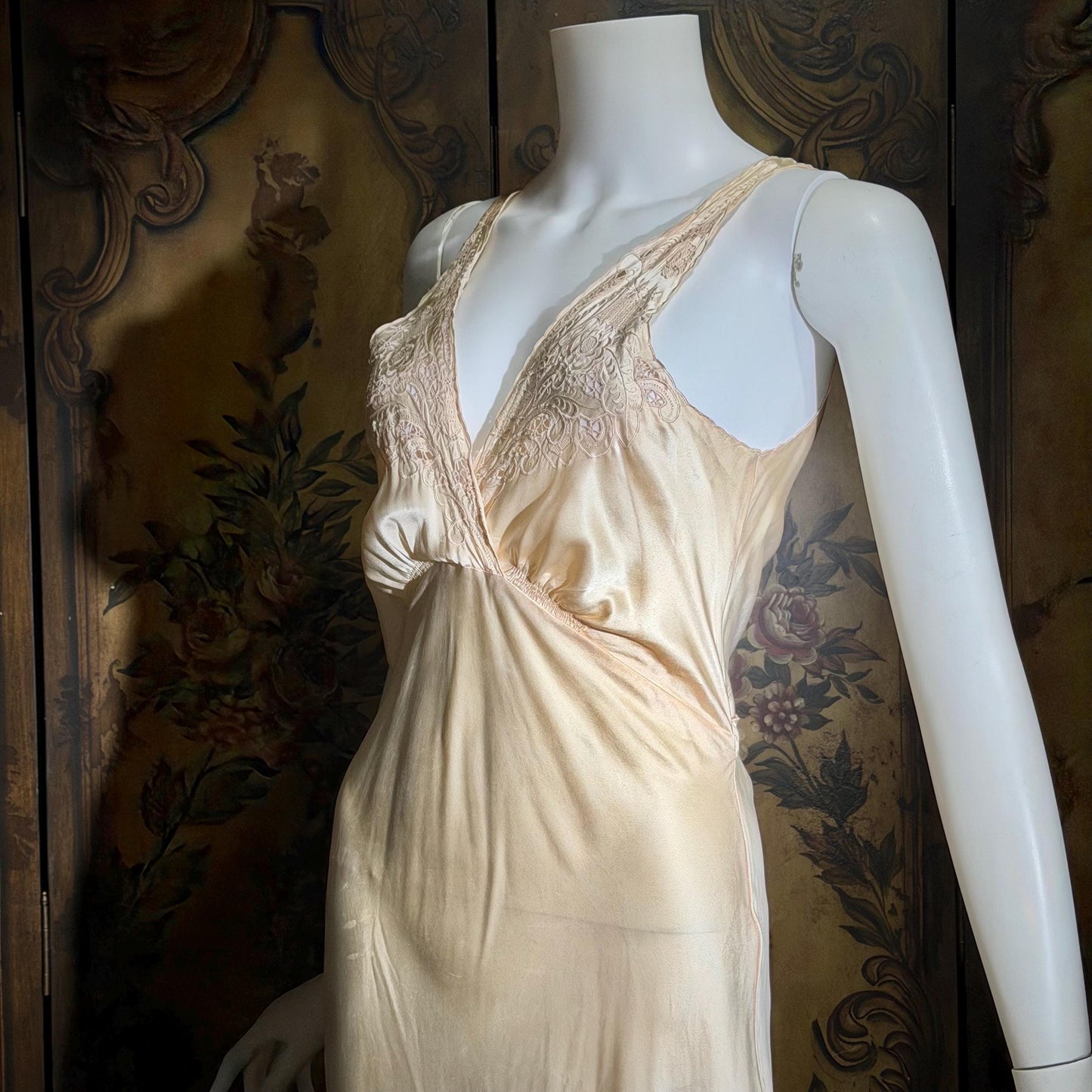 1930s vintage nightgown, SILK slip dress, Hand Embroidered peachy pink bias cut lingerie dress