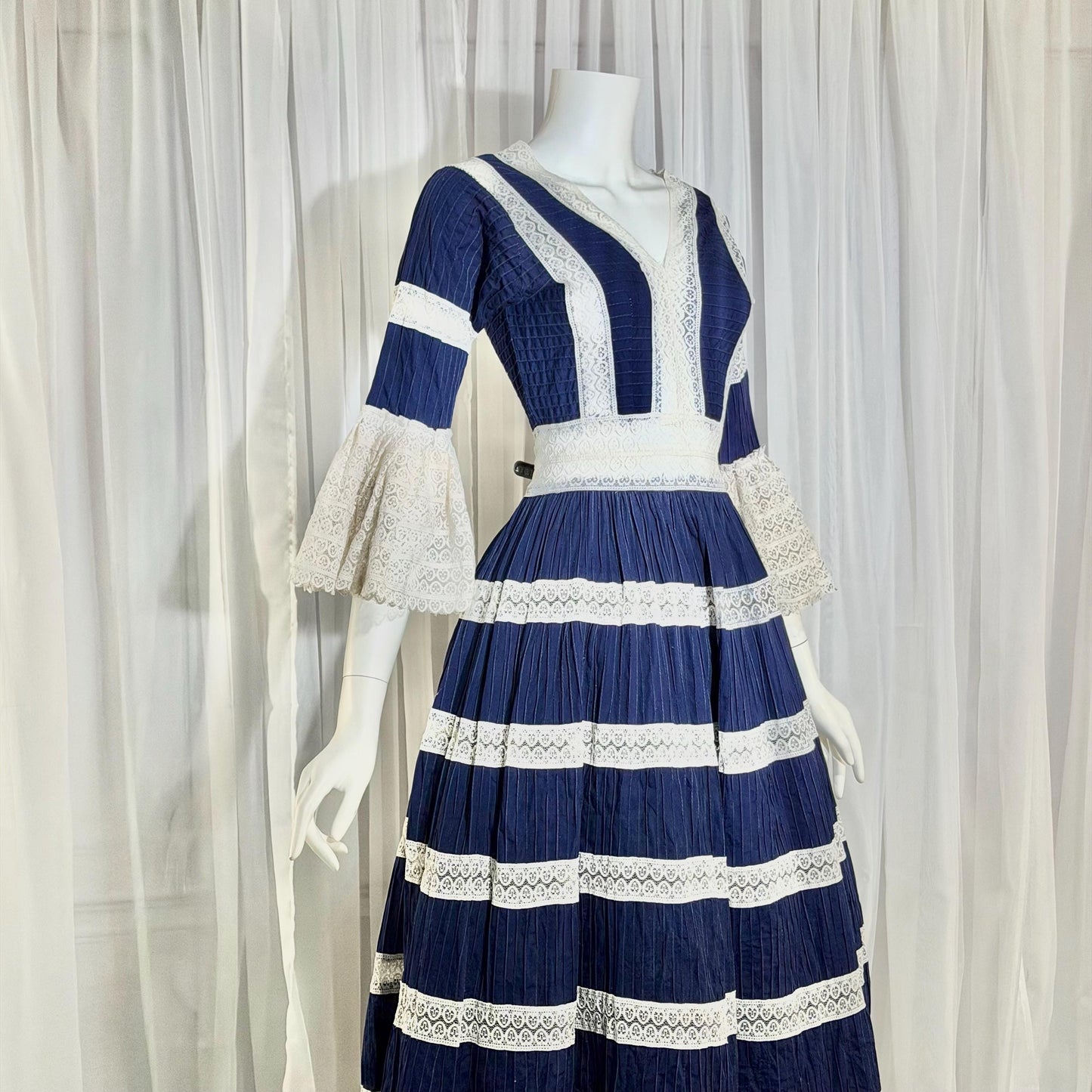 1970s Vintage Mexican Wedding Dress, Blue & White Pin tuck cotton crochet bell sleeve maxi gown