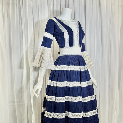 1970s Vintage Mexican Wedding Dress, Blue & White Pin tuck cotton crochet bell sleeve maxi gown