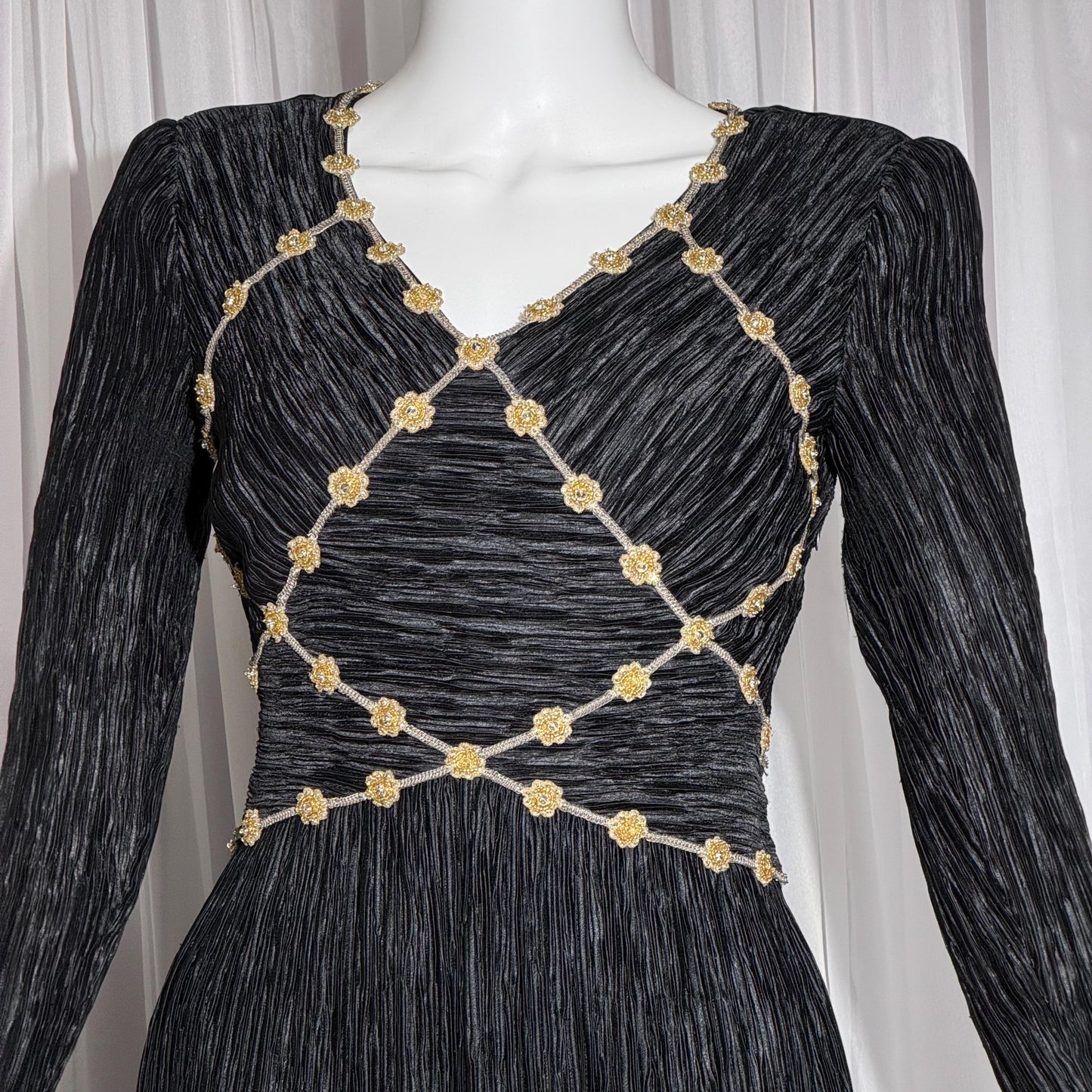 MARY MCFADDEN COUTURE vintage evening dress, 1980s black beaded plisse pleats gown