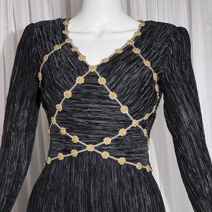 MARY MCFADDEN COUTURE vintage evening dress, 1980s black beaded plisse pleats gown