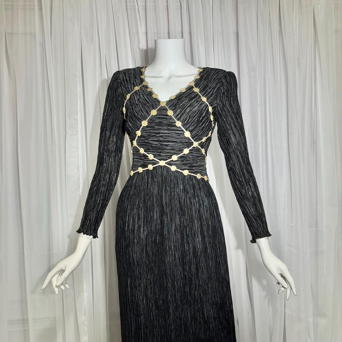 MARY MCFADDEN COUTURE vintage evening dress, 1980s black beaded plisse pleats gown