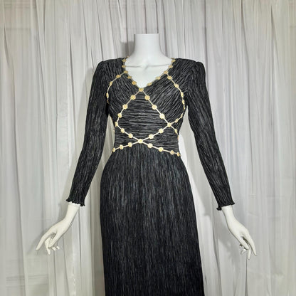 MARY MCFADDEN COUTURE vintage evening dress, 1980s black beaded plisse pleats gown